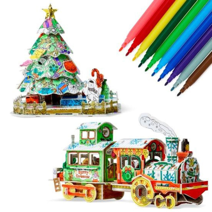 Christmas Tree + Train 3D Puzzle Colouring Set