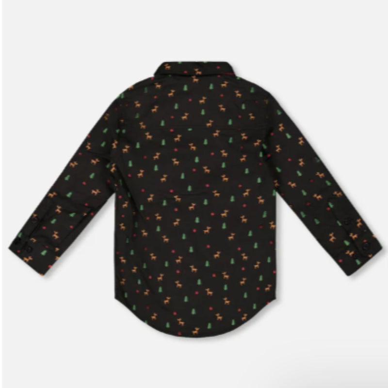 Printed Black Poplin Shirt, Bow Tie and Stretch Twill Pants