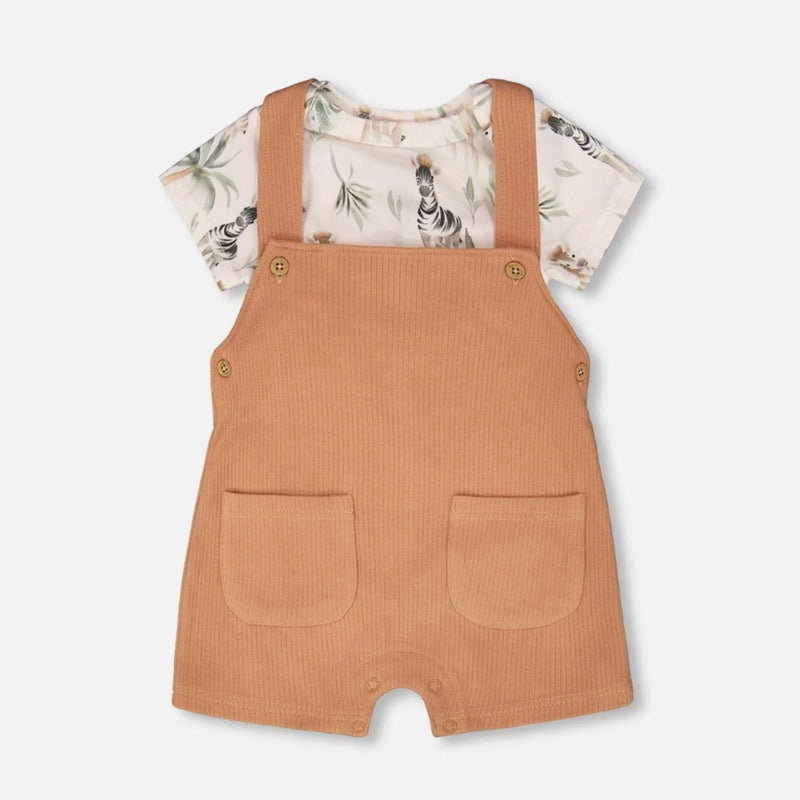 Organic Cotton Jersey Onesie and Rib Shortall Set, Zebra Jungle