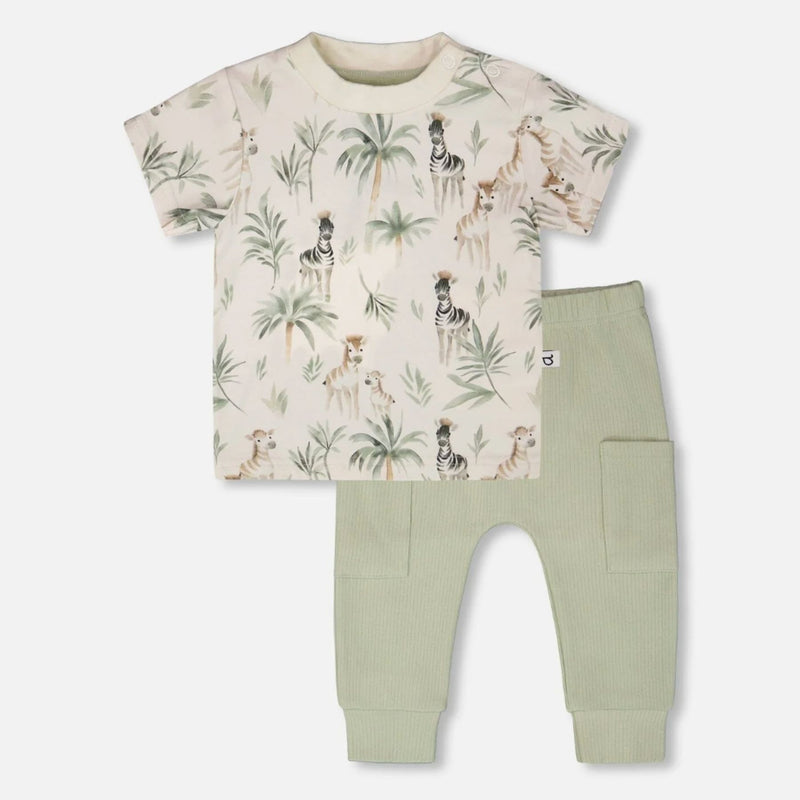 Organic Cotton Jersey T-Shirt and Rib Pants Set, Zebra Jungle