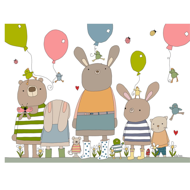 Bunnies, Bear, Cat and Balloons, Birthday Card