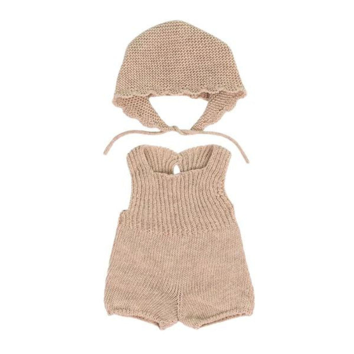 Baby Doll Clothes - Knitted Outfit, Beige Rompers + Bonnet, 15"