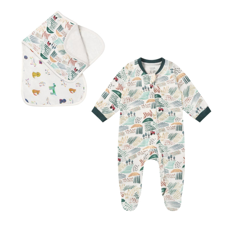 Bamboo Bib + Organic Footed Sleeper Set, Farmer Dell