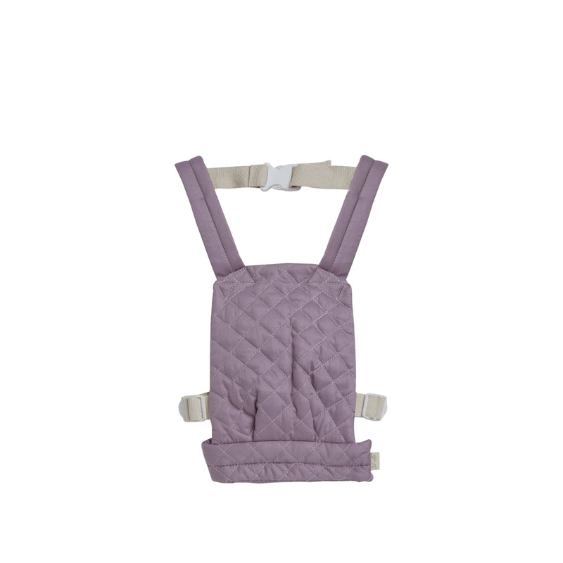 A qulited lavender Olli Ella Doll Carrier with padded straps designed for carrying dolls.