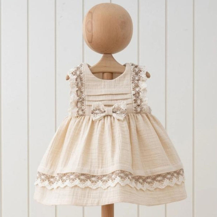 Sleeveless Muslin Dress with Lace Design, Natural