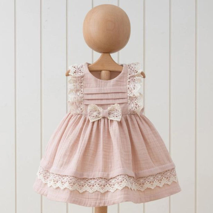 Sleeveless Muslin Dress with Lace Design, Salmon Pink
