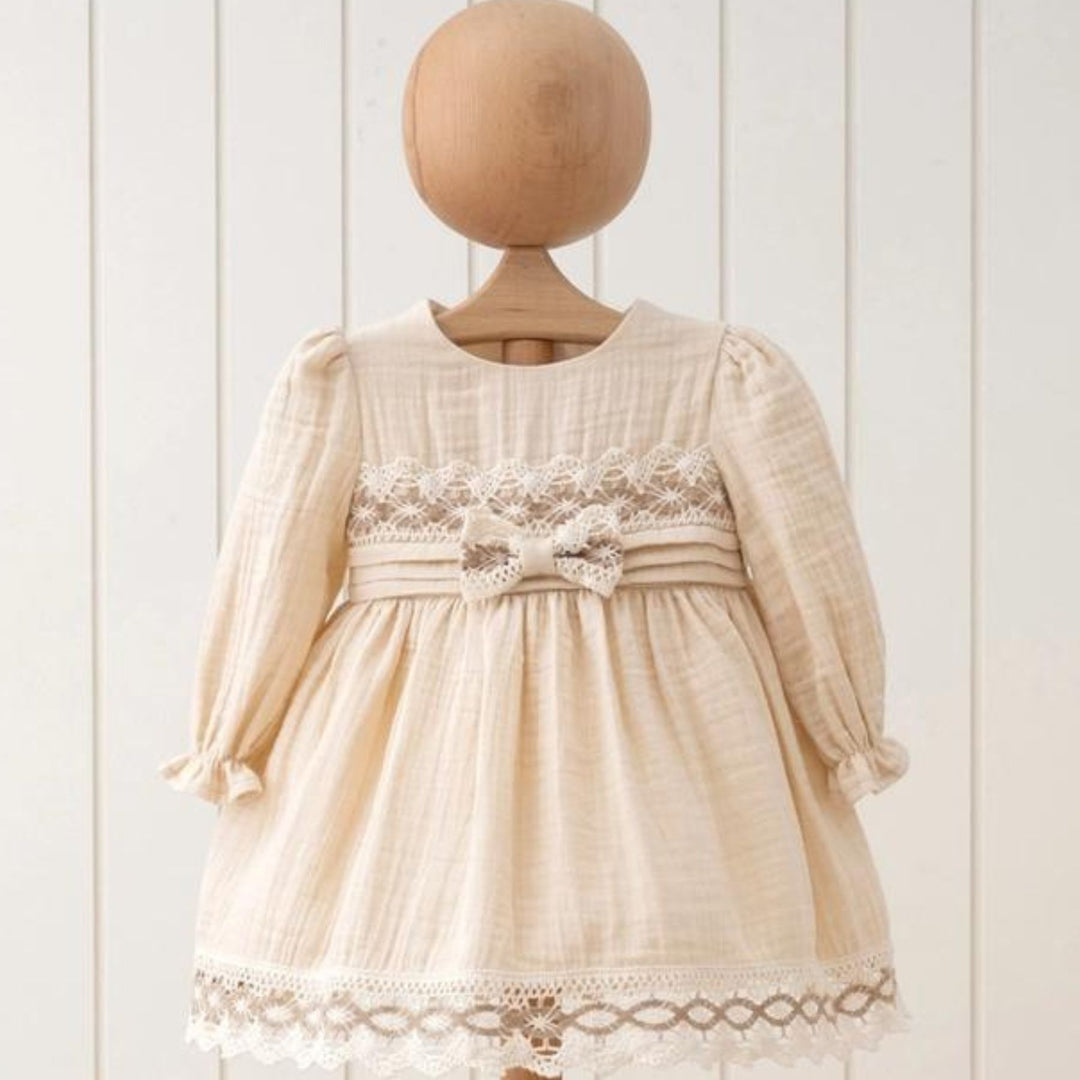 Long Sleeves Lace Ribbon Muslin Dress, Natural Long Sleeves Lace Ribbon Muslin Dress, Natural