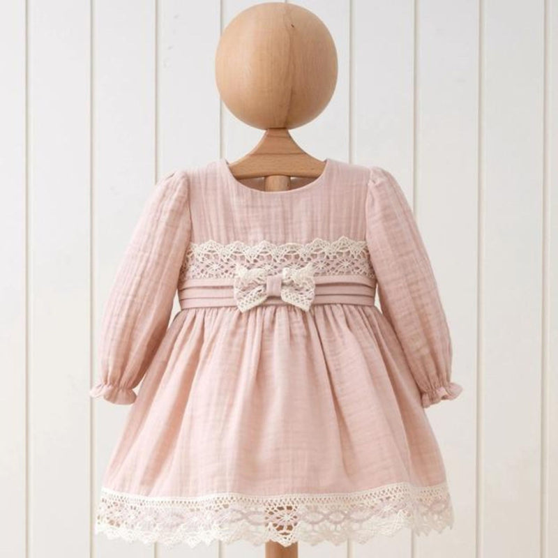 Long Sleeves Lace Ribbon Muslin Dress, Salmon Pink