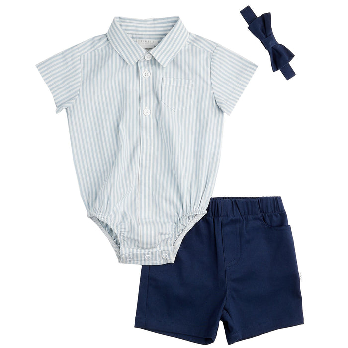 Celestial Blue Yarn-Dyed Striped Poplin Shirt + Short Set with Bowtie