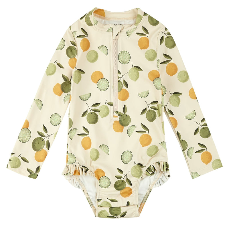 Citrus Print on Antique White Long-Sleeve One-Piece Swimsuit