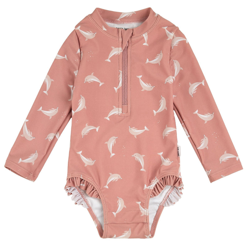 Dolphin Print on Wild Rose Long-Sleeve One-Piece Swimsuit