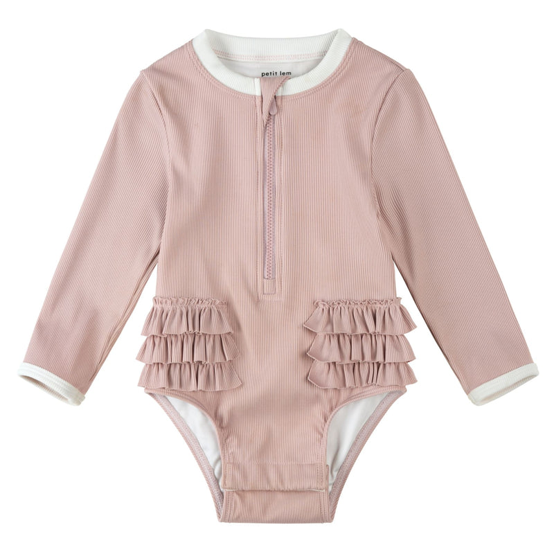 Lavender Ribbed Long-Sleeve One-Piece Swimsuit