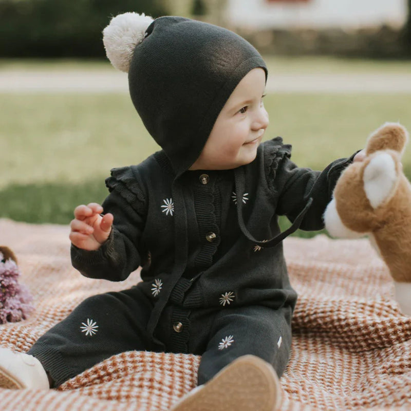 Knit Playsuit with Embroidered Daisy