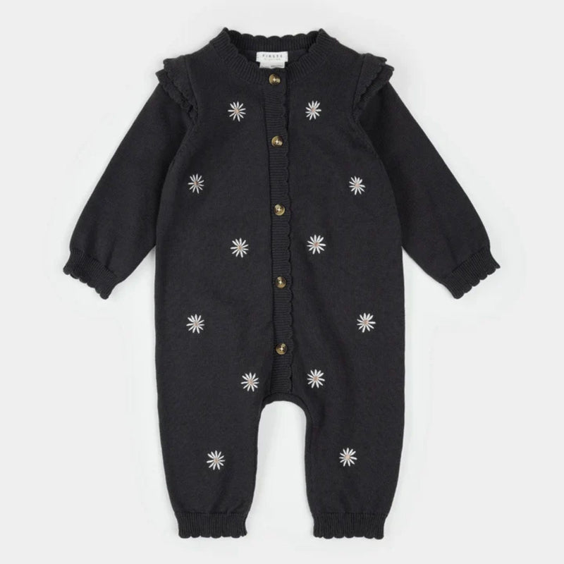 Knit Playsuit with Embroidered Daisy