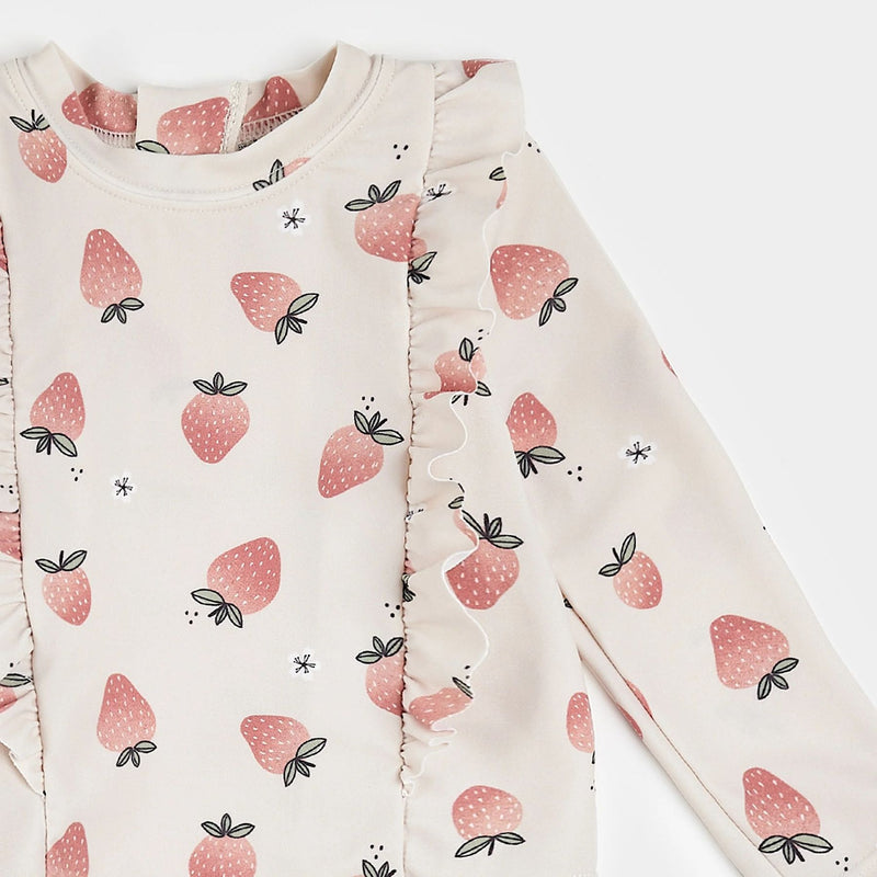 Strawberry Print on Crème Long-Sleeve Rashguard Set