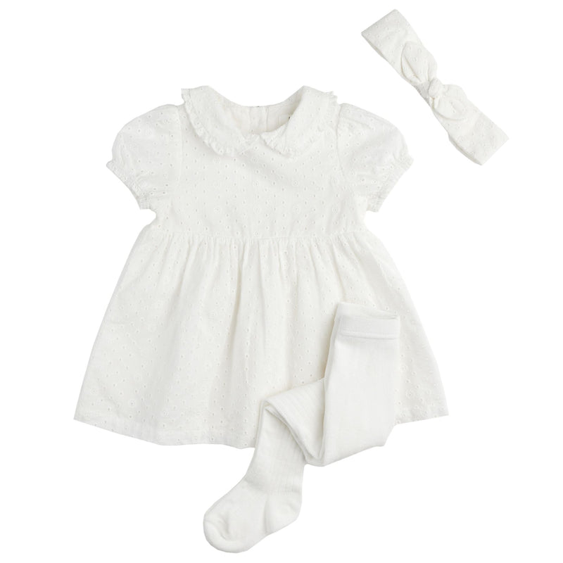White Eyelet Dress + Tights Set