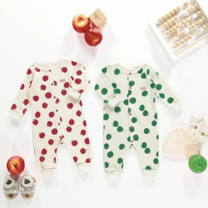 One-Piece Ribbed Knit Pajamas with Apples Print