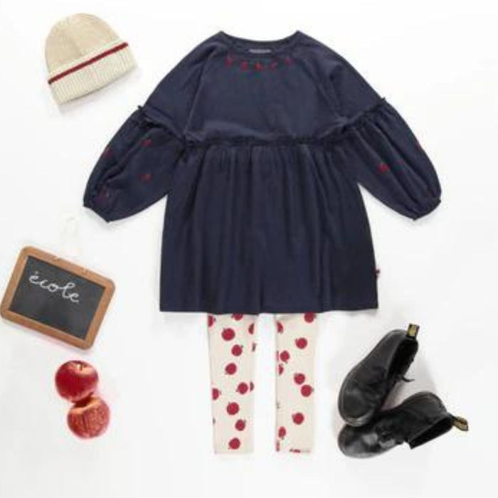 Relaxed and Flared Fit Crinkle Navy Dress with  Apple Embroidery + Rib Knit Legging Set