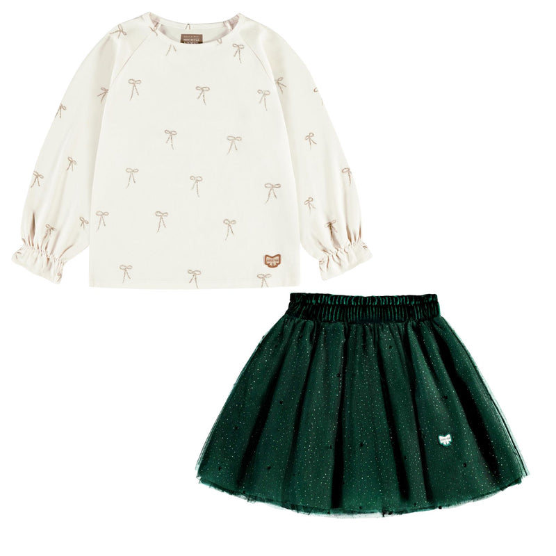 Green Sequin Skirt + Cream Top Set