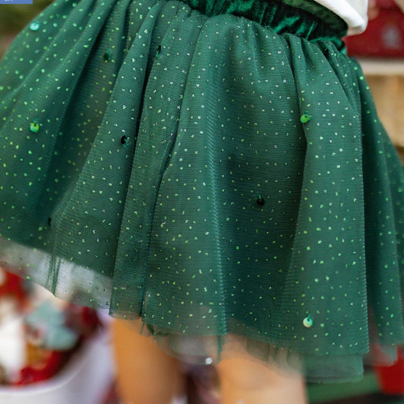 Green Sequin Skirt + Cream Top Set