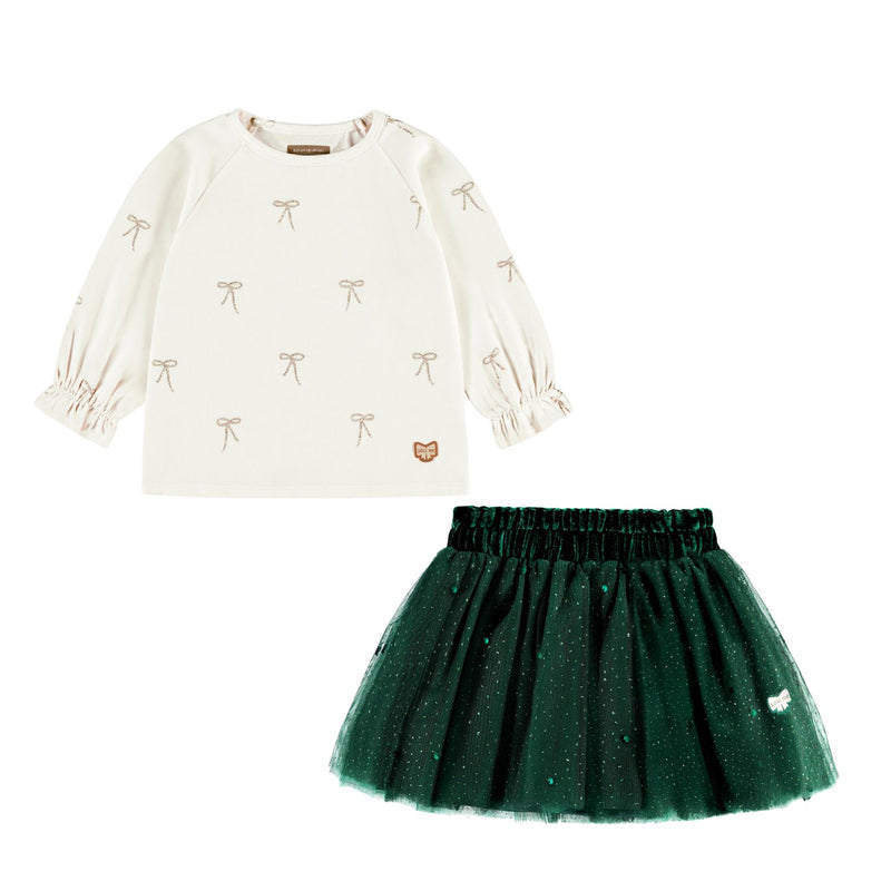 Green Sequin Skirt + Cream Top Set