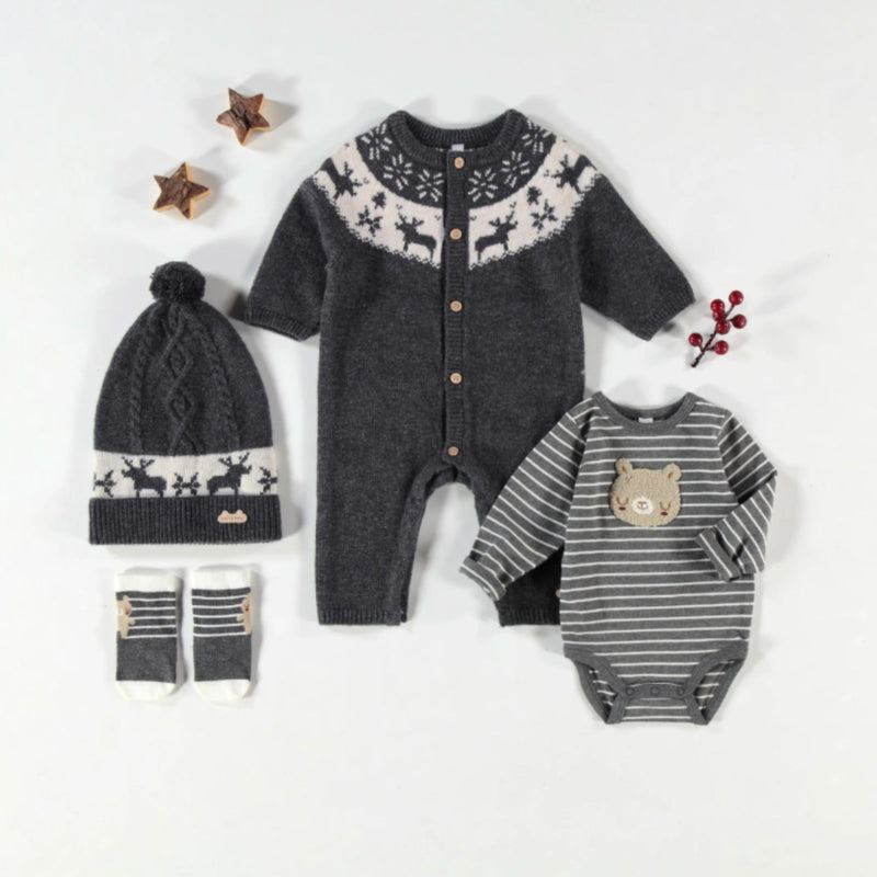 Gray Bear Bodysuit with Stripes