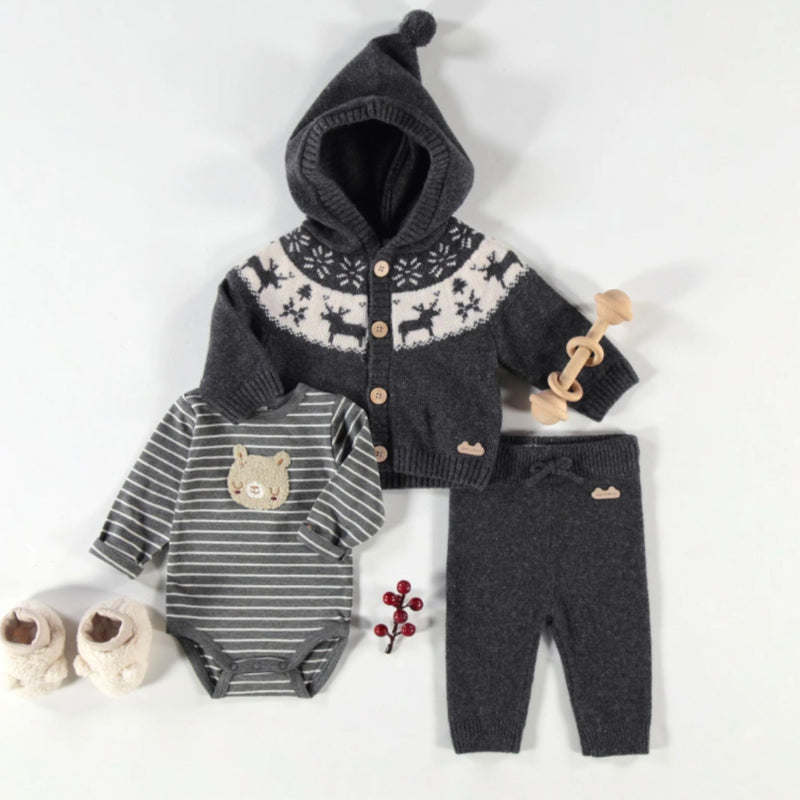 Gray Knit Cardigan Set, Jacquard Winter Deer