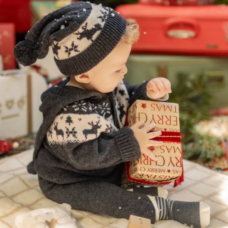 Gray Knit Cardigan Set, Jacquard Winter Deer