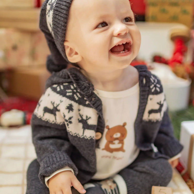 Gray Knit Cardigan Set, Jacquard Winter Deer