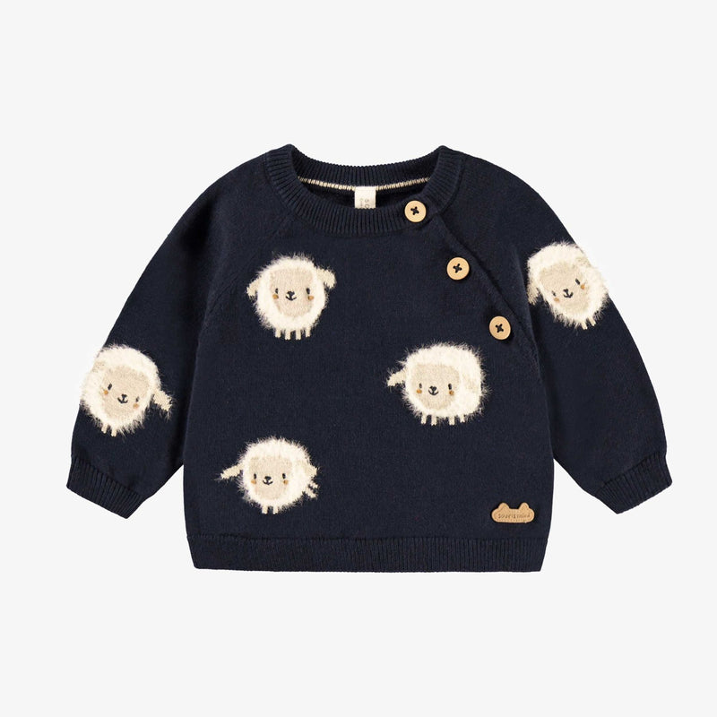 Navy Blue Knit Sweater with Sheep Patterns