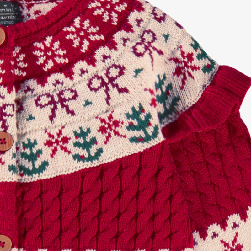 Red Knit Cardigan with Jacquard Festive Patterns