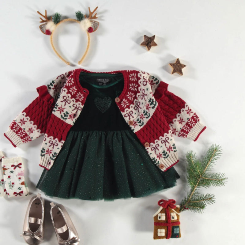 Red Knit Cardigan with Jacquard Festive Patterns