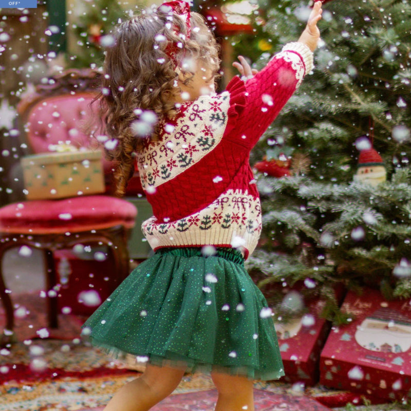 Red Knit Cardigan with Jacquard Festive Patterns