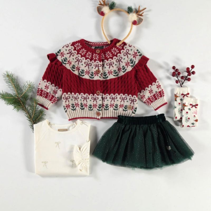 Red Knit Cardigan with Jacquard Festive Patterns