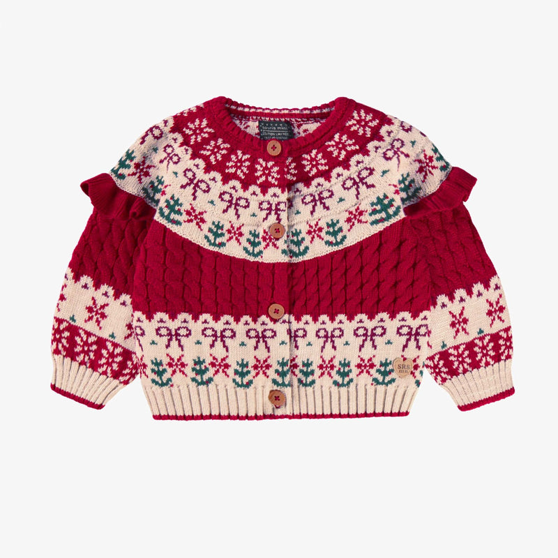 Red Knit Cardigan with Jacquard Festive Patterns