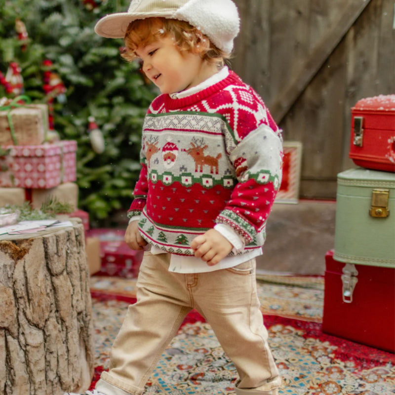 Red Knit Sweater with Festive Patterns