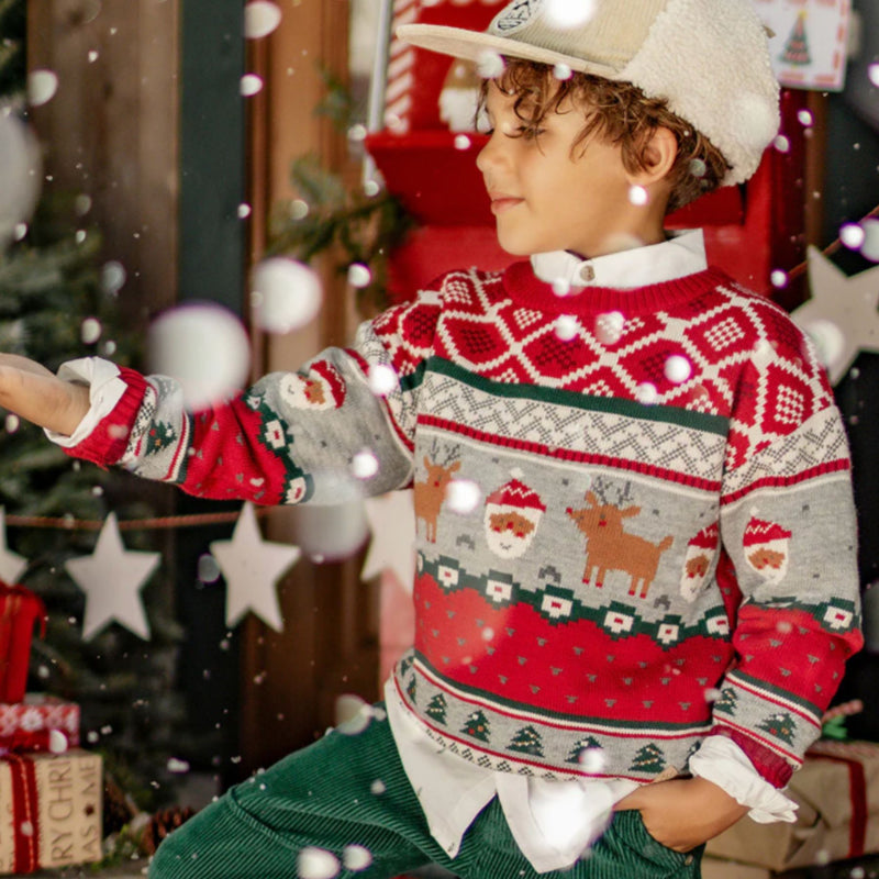Red Knit Sweater with Festive Patterns
