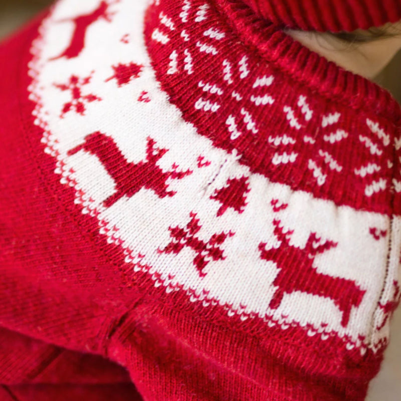 Red Knit One-Piece, Jacquard Winter Deer