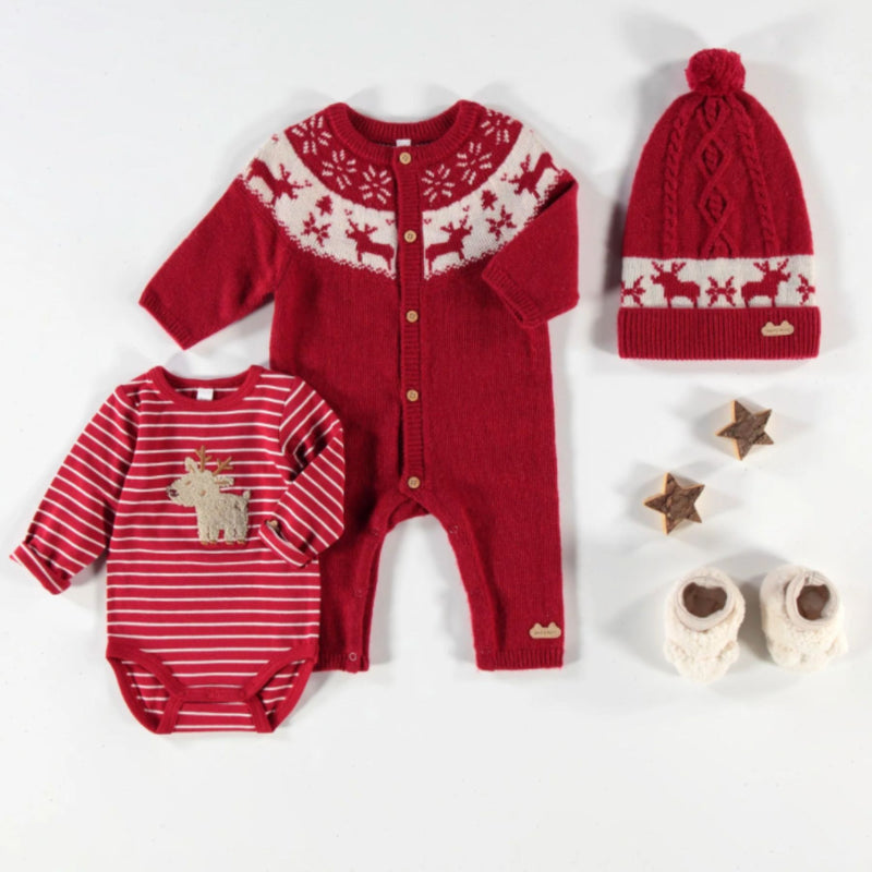 Red Knit One-Piece, Jacquard Winter Deer