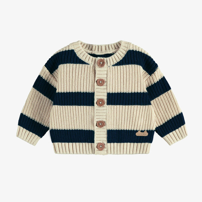 Cream + Navy Striped Ribbed Knit Cardigan