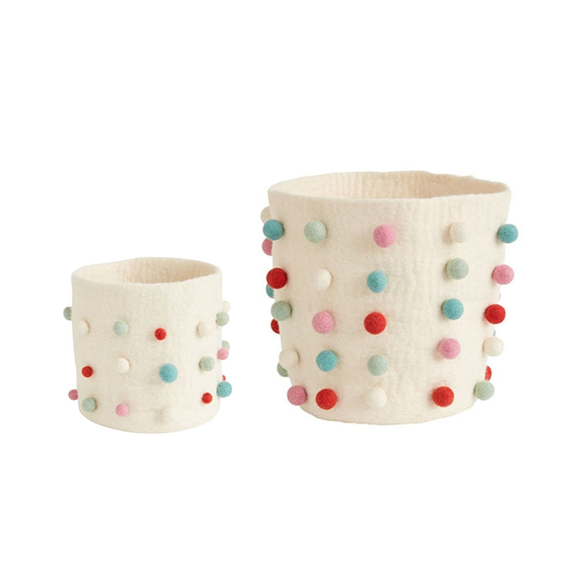 Wool Felt Pom Basket, Multi Coloured