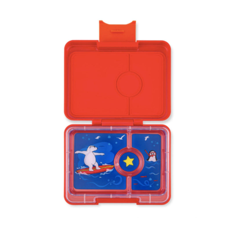 A pink Yumbox Lunch Snack Size Bento Lunch Box with a 3-compartment food tray, including illustrations on the lid and a rainbow and cloud motif on the tray.