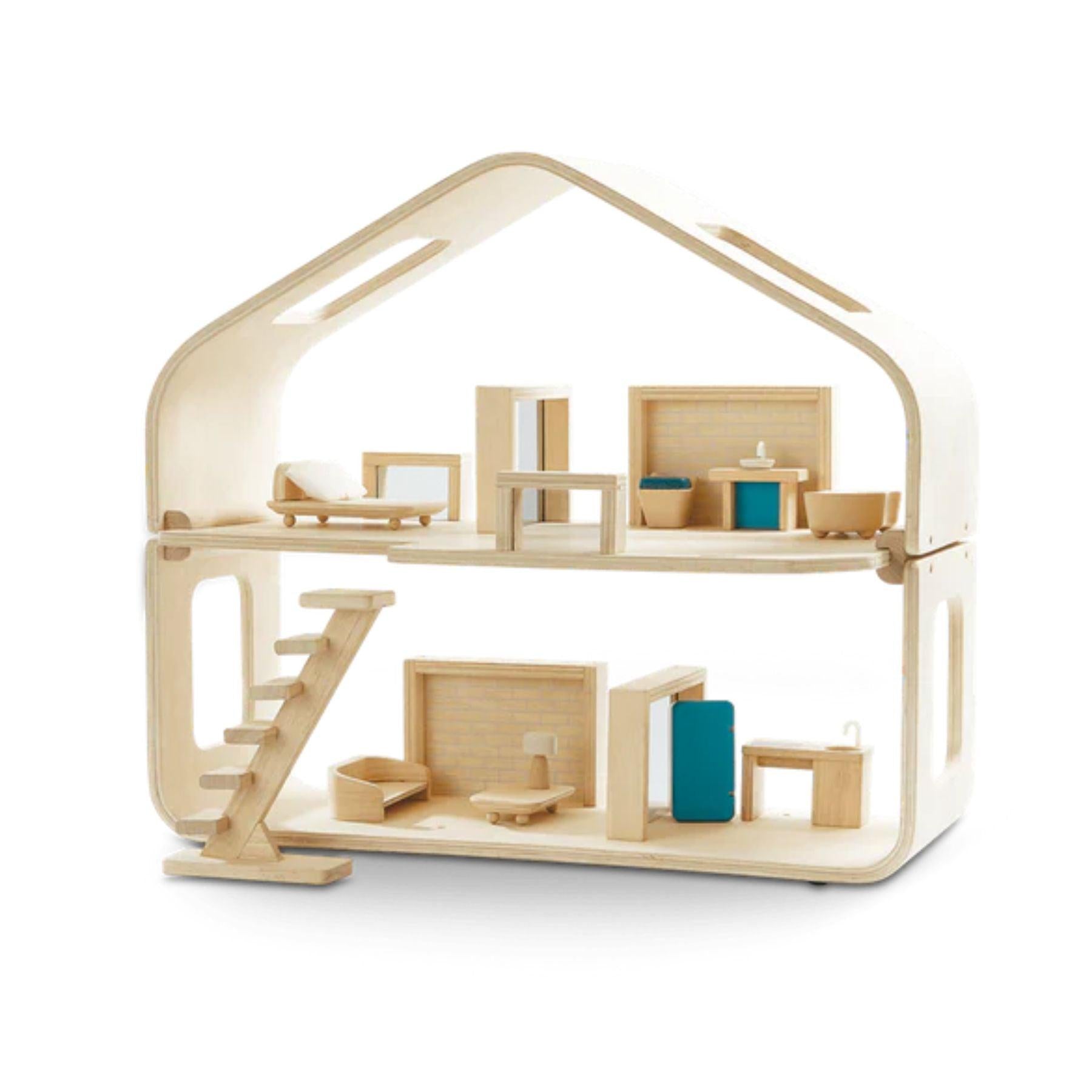 Plan toys green dollhouse best sale with furniture