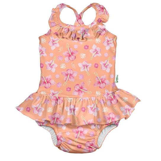 iPlay Swimsuit, One-Piece with Built-in Diaper - Coral Hibiscus-Simply Green Baby