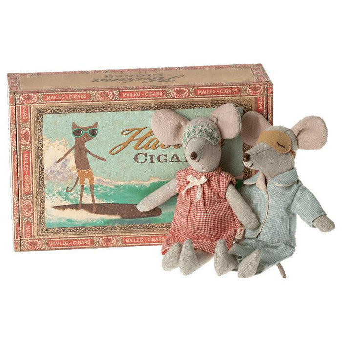 Maileg Mum + Dad Mice in Cigarbox, Check PJs-Simply Green Baby