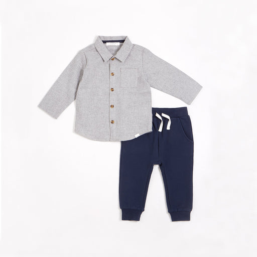 Petit Lem Organic Flannel Top and Knit Pants, Light Heather Grey-Simply Green Baby